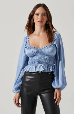 Rowan Satin Peplum Hem Long Sleeve Top -Outlet Cozi Luxe Store AT17542 BLUE 2