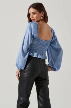 Rowan Satin Peplum Hem Long Sleeve Top -Outlet Cozi Luxe Store AT17542 BLUE 4
