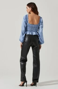 Rowan Satin Peplum Hem Long Sleeve Top -Outlet Cozi Luxe Store AT17542 BLUE 5