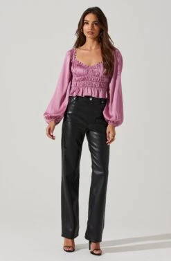 Rowan Satin Peplum Hem Long Sleeve Top -Outlet Cozi Luxe Store AT17542 PINK 1