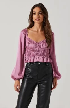 Rowan Satin Peplum Hem Long Sleeve Top -Outlet Cozi Luxe Store AT17542 PINK 2