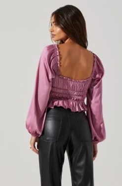 Rowan Satin Peplum Hem Long Sleeve Top -Outlet Cozi Luxe Store AT17542 PINK 3
