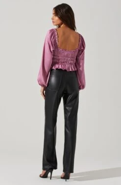 Rowan Satin Peplum Hem Long Sleeve Top -Outlet Cozi Luxe Store AT17542 PINK 4