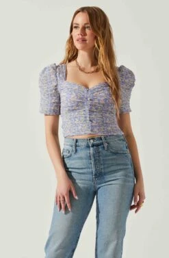 Floral Smocked Sweetheart Neck Puff Sleeve Top -Outlet Cozi Luxe Store AT17552 PURPLEBLUEDITSY 3