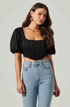 Eyelet Square Neck Balloon Sleeve Bustier Top -Outlet Cozi Luxe Store AT17562 BLACK 2