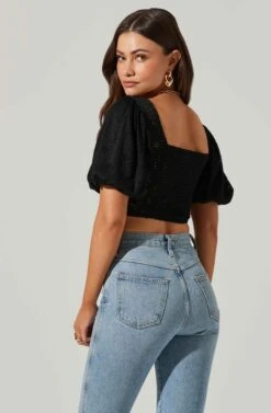 Eyelet Square Neck Balloon Sleeve Bustier Top -Outlet Cozi Luxe Store AT17562 BLACK 4
