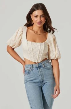 Eyelet Square Neck Balloon Sleeve Bustier Top -Outlet Cozi Luxe Store AT17562 CREAM 4