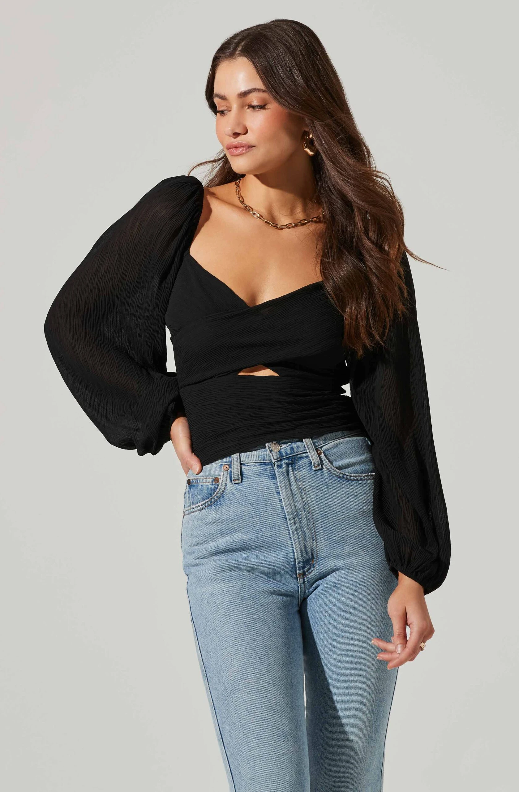 Long Sleeve Plisse Cross Bust Top 5 Long Sleeve Plisse Cross Bust Top - Image 3