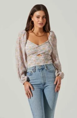 Long Sleeve Plisse Cross Bust Top 26 Long Sleeve Plisse Cross Bust Top -Outlet Cozi Luxe Store AT17587 PINKBLUEMULTIFL 2