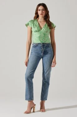 Satin V Neck Flutter Sleeve Top -Outlet Cozi Luxe Store AT17746 CREAMLIMEDITSY 1