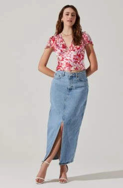 Satin V Neck Flutter Sleeve Top -Outlet Cozi Luxe Store AT17746 REDLILACFLORAL 1