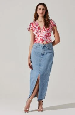 Satin V Neck Flutter Sleeve Top -Outlet Cozi Luxe Store AT17746 REDLILACFLORAL 2