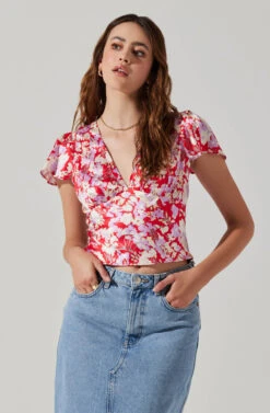 Satin V Neck Flutter Sleeve Top -Outlet Cozi Luxe Store AT17746 REDLILACFLORAL 4