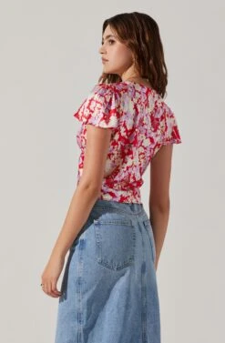 Satin V Neck Flutter Sleeve Top -Outlet Cozi Luxe Store AT17746 REDLILACFLORAL 6