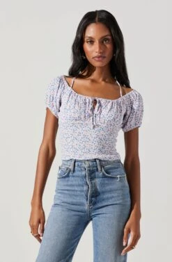 Smocked Halter Tie Floral Top -Outlet Cozi Luxe Store AT17777 BLUELAVENDERFLORAL 4 6