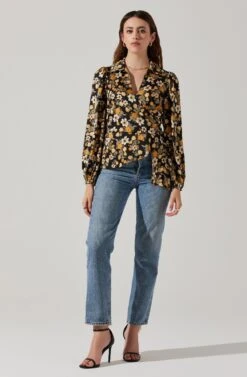 Asymmetrical Collared Floral Wrap Top -Outlet Cozi Luxe Store AT17922 BLACKYELLOWFLORAL 1