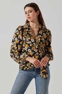 Asymmetrical Collared Floral Wrap Top -Outlet Cozi Luxe Store AT17922 BLACKYELLOWFLORAL 4