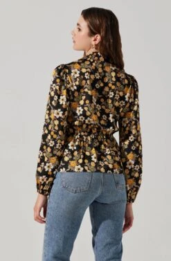 Asymmetrical Collared Floral Wrap Top -Outlet Cozi Luxe Store AT17922 BLACKYELLOWFLORAL 6