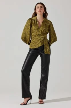 Asymmetrical Collared Floral Wrap Top -Outlet Cozi Luxe Store AT17922 OLIVEFLORALSKETCH 2