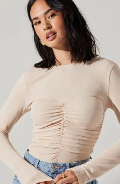 Center Ruched Long Sleeve Top -Outlet Cozi Luxe Store AT17923 CREAM 3