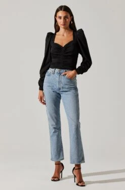Long Sleeve Ruched Puff Sleeve Top -Outlet Cozi Luxe Store AT17932YS BLACK 1