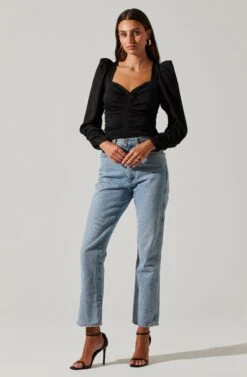 Long Sleeve Ruched Puff Sleeve Top -Outlet Cozi Luxe Store AT17932YS BLACK 2