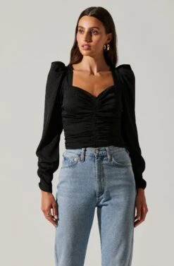 Long Sleeve Ruched Puff Sleeve Top -Outlet Cozi Luxe Store AT17932YS BLACK 3