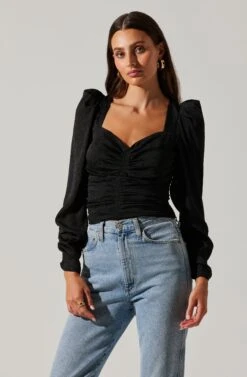 Long Sleeve Ruched Puff Sleeve Top -Outlet Cozi Luxe Store AT17932YS BLACK 4