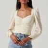 Long Sleeve Ruched Puff Sleeve Top -Outlet Cozi Luxe Store AT17932YS CREAM 1