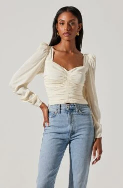 Long Sleeve Ruched Puff Sleeve Top -Outlet Cozi Luxe Store AT17932YS CREAM 3