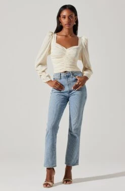 Long Sleeve Ruched Puff Sleeve Top -Outlet Cozi Luxe Store AT17932YS CREAM 4