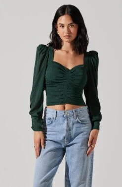 Long Sleeve Ruched Puff Sleeve Top -Outlet Cozi Luxe Store AT17932YS HUNTERGREEN 1