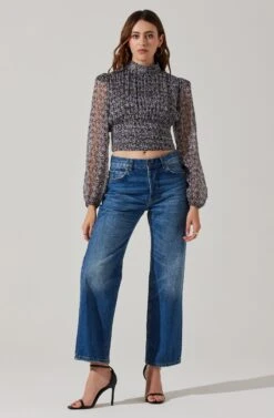 Floral Puff Sleeve Mock Neck Top -Outlet Cozi Luxe Store AT17933 BLACKPURPLEFLORAL 1