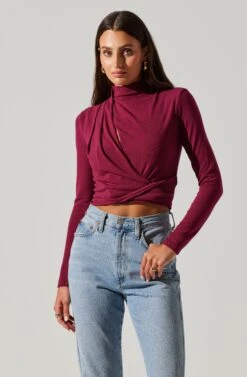 Asymmetrical Pleated Cutout Mock Neck Top 21 Asymmetrical Pleated Cutout Mock Neck Top -Outlet Cozi Luxe Store AT17934 BERRY 3