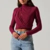 Asymmetrical Pleated Cutout Mock Neck Top -Outlet Cozi Luxe Store AT17934 BERRY 4