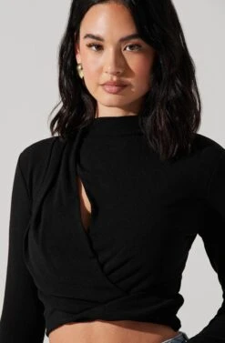 Asymmetrical Pleated Cutout Mock Neck Top 32 Asymmetrical Pleated Cutout Mock Neck Top -Outlet Cozi Luxe Store AT17934 BLACK 3