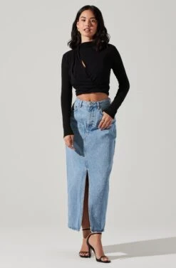 Asymmetrical Pleated Cutout Mock Neck Top 33 Asymmetrical Pleated Cutout Mock Neck Top -Outlet Cozi Luxe Store AT17934 BLACK 4