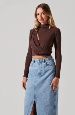 Asymmetrical Pleated Cutout Mock Neck Top 24 Asymmetrical Pleated Cutout Mock Neck Top -Outlet Cozi Luxe Store AT17934 ESPRESSO 5