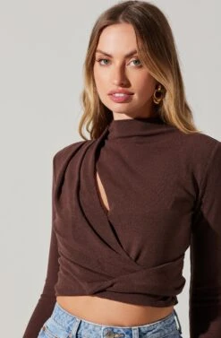 Asymmetrical Pleated Cutout Mock Neck Top 26 Asymmetrical Pleated Cutout Mock Neck Top -Outlet Cozi Luxe Store AT17934 ESPRESSO 6