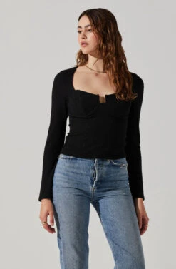 Long Sleeve Cupped Bust Knit Top -Outlet Cozi Luxe Store AT17996 BLACK 3