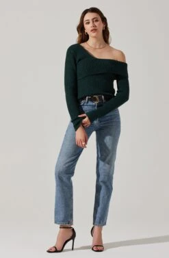 Asymmetrical Foldover Sweater -Outlet Cozi Luxe Store AT18062 DEEPGREEN 2